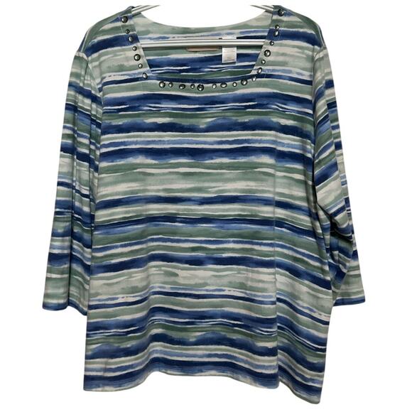 Alfred Dunner Womens Blue Green Striped Square Neck Embellished Neckline Size 2X - Picture 1 of 5